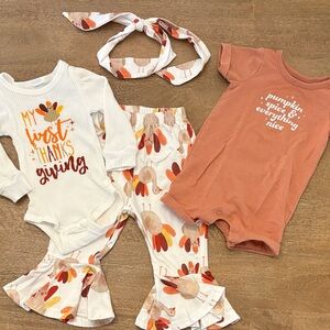 3M Thanksgiving Bundle: Ribbed Onesie with Bellbottoms and Headband + Romper